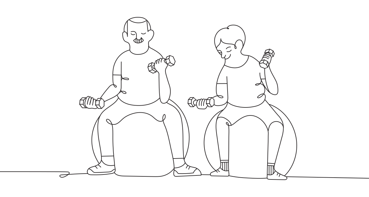 A line illustration of two people sitting on exercise balls using dumbbells.