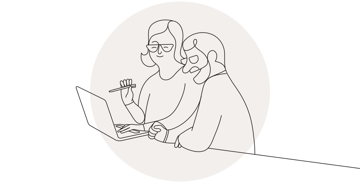 A line illustration of a man and woman looking at a computer together.