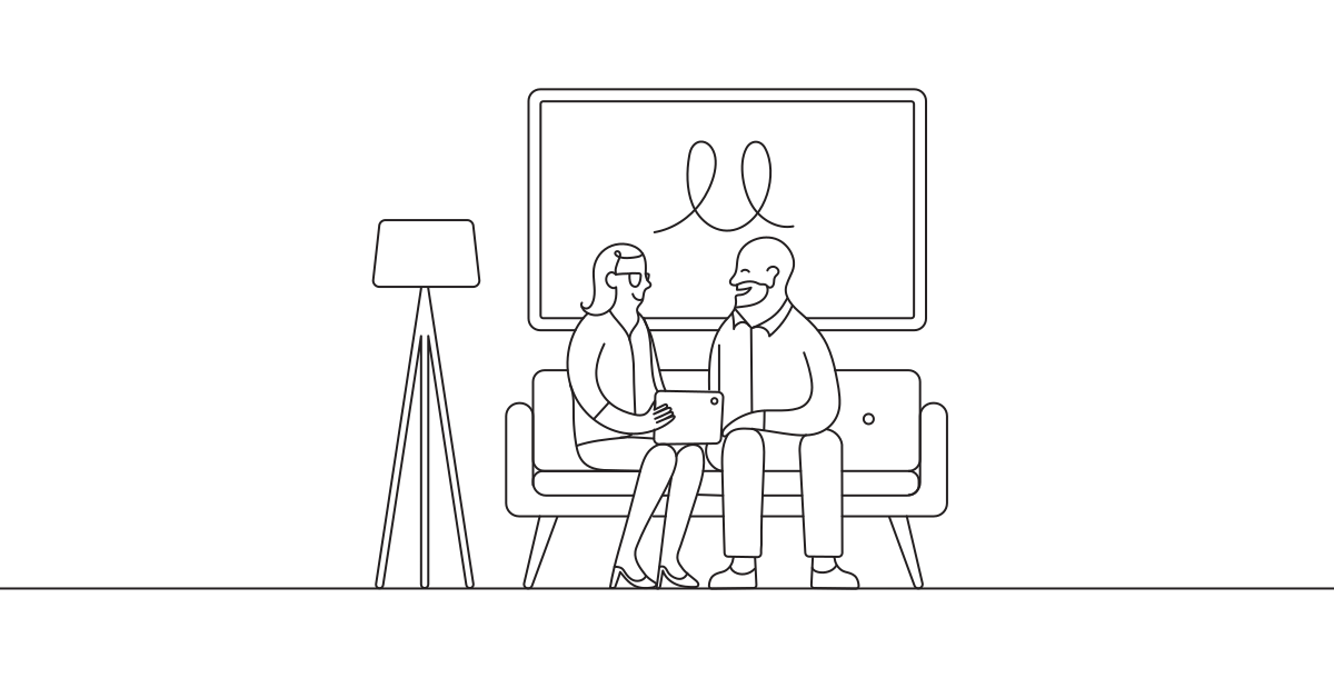 A line illustration of a man and woman looking at a computer together.